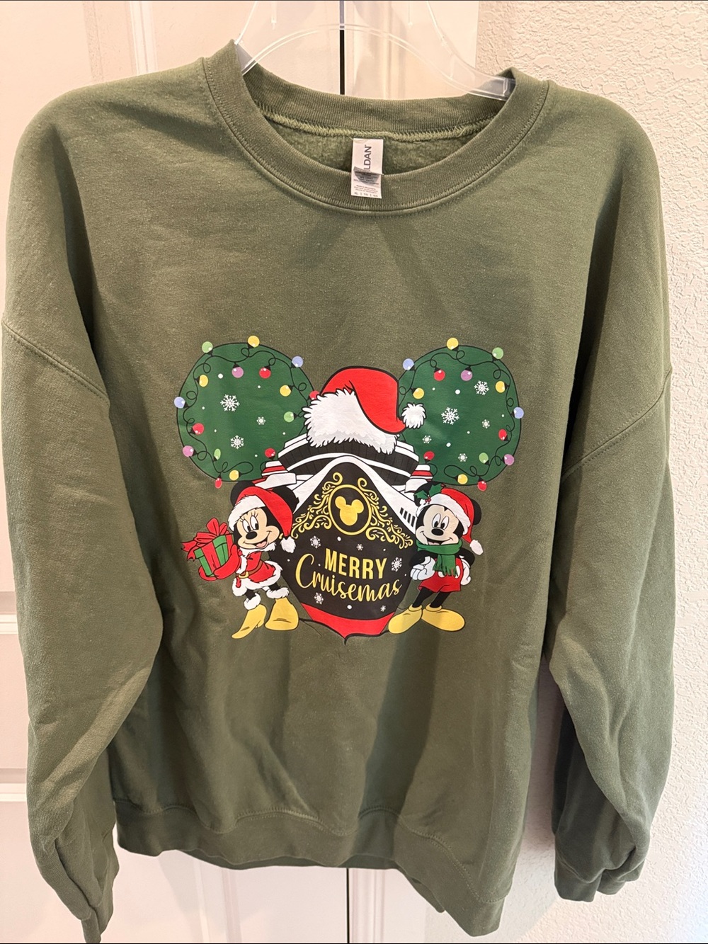 Olive Green Disney Cruise Sweatshirt with Festive Mickey & Minnie